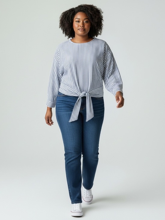 Only Tops - Only - Blue and White Striped Tie-Front Long Sleeve Top